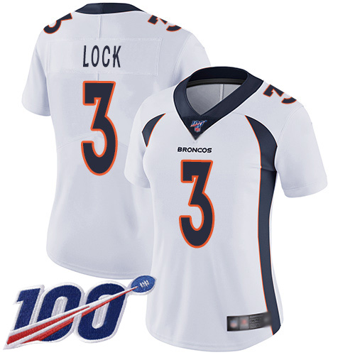 Denver Broncos Limited Women White Drew Lock 100th Season Road Jersey 3 Vapor Untouchable NFL Football Nik